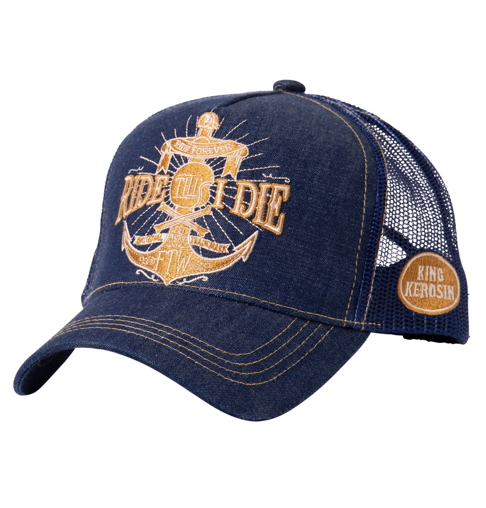 King Kerosin - Denim Trucker Cap mit goldfarbener Stickerei «Ride Till I Die»