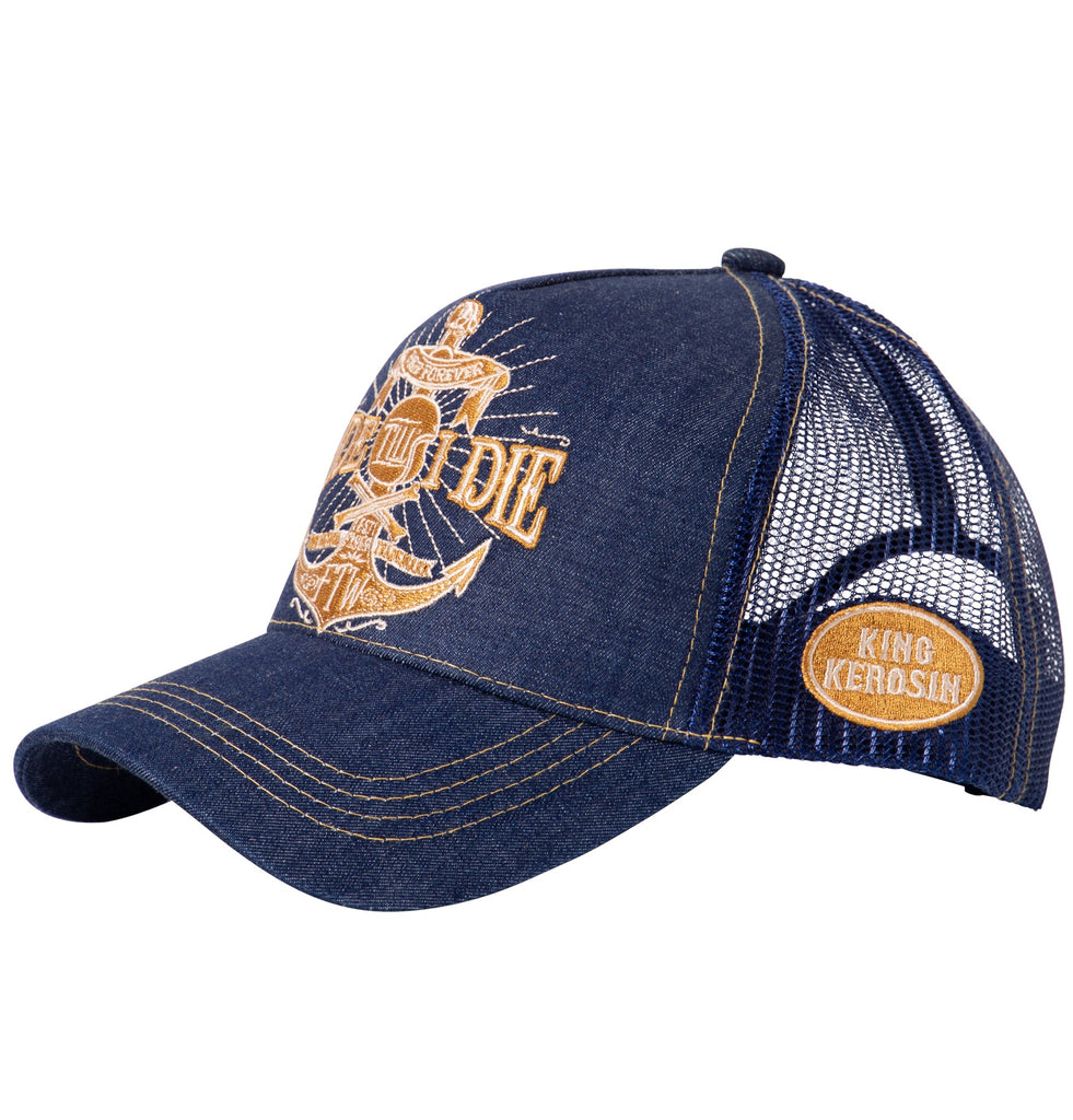 King Kerosin - Denim Trucker Cap mit goldfarbener Stickerei «Ride Till I Die»