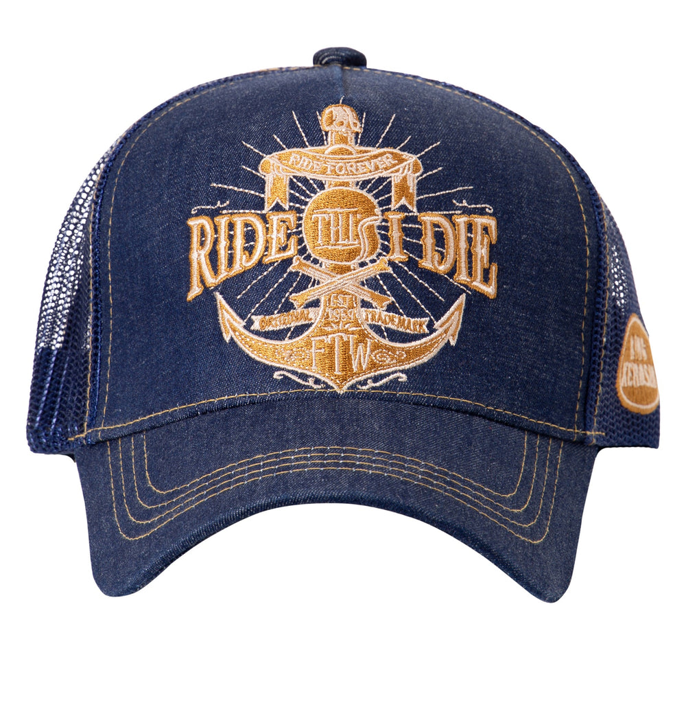 King Kerosin - Denim Trucker Cap mit goldfarbener Stickerei «Ride Till I Die»