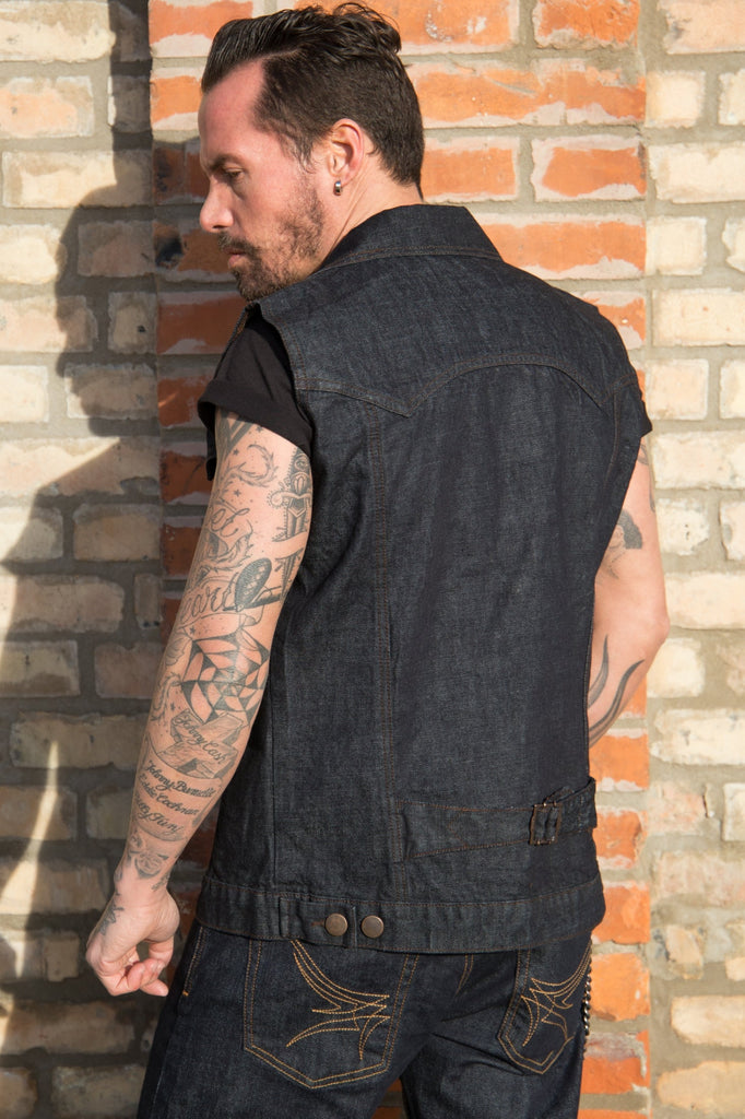 King Kerosin - Jeans Weste mit Brusttaschen und Lederpatch