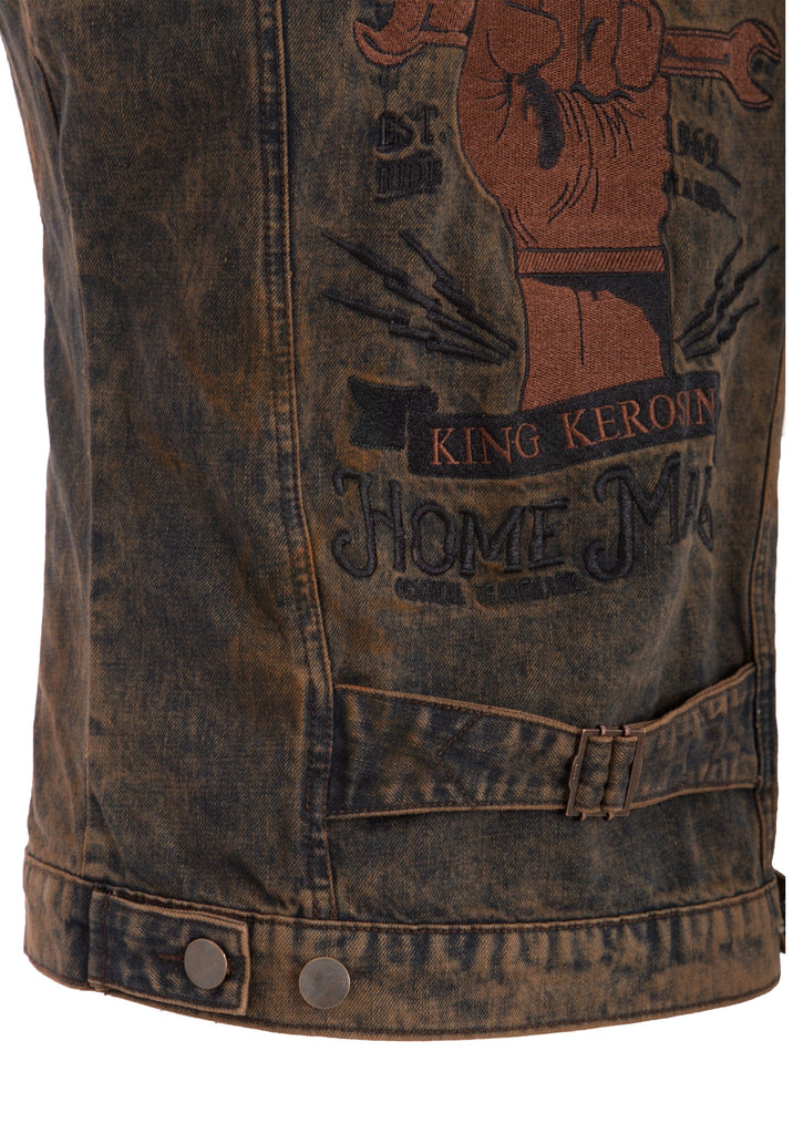 King Kerosin - Jeans Weste mit Rückteil Stickerei und Vintage Waschung