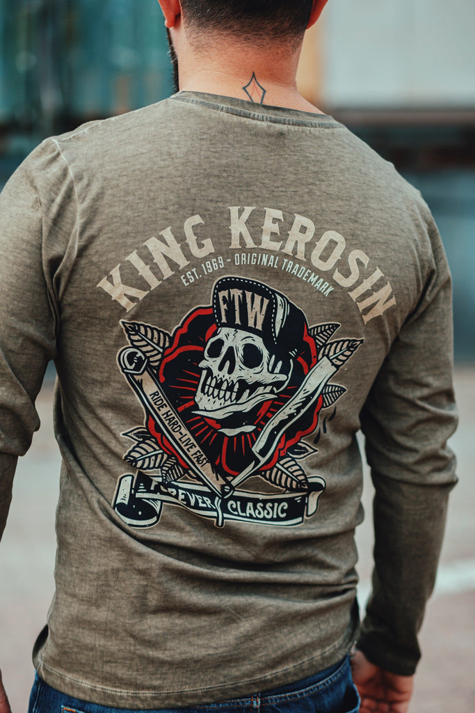 King Kerosin - Longsleeve Shirt mit Prints und Oilwash - Effekten «Ride Hard Live Fast»