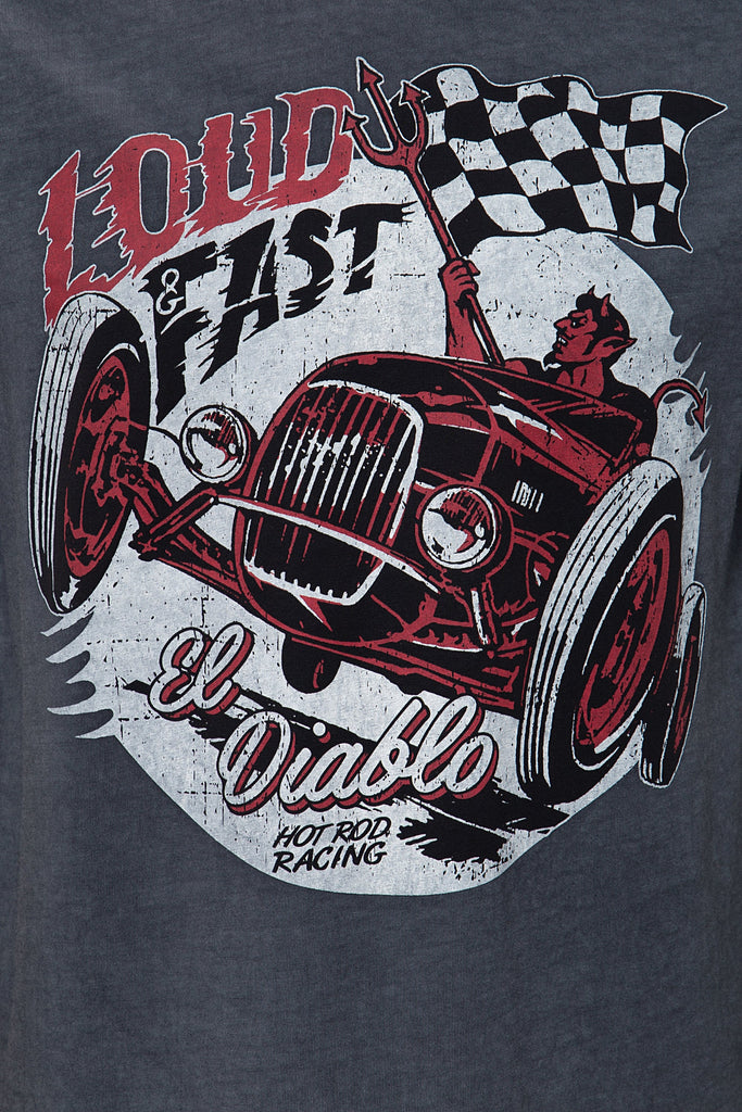 King Kerosin - Oil Washed Print T-Shirt im Used Look «Loud & Fast»