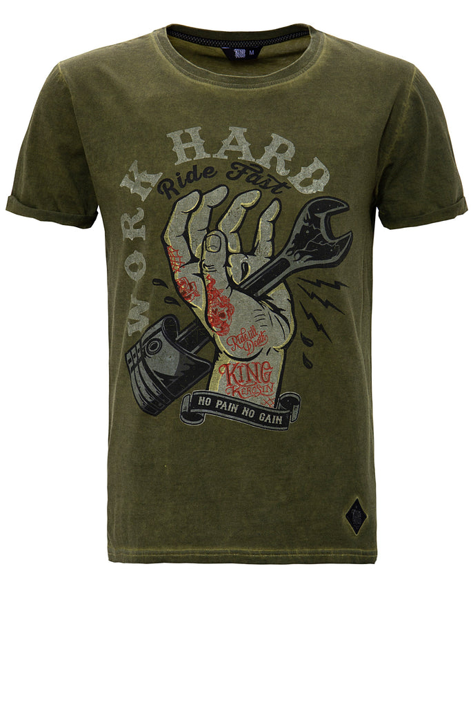 King Kerosin - Oil Washed Print T-Shirt im Used Look «Work Hard»