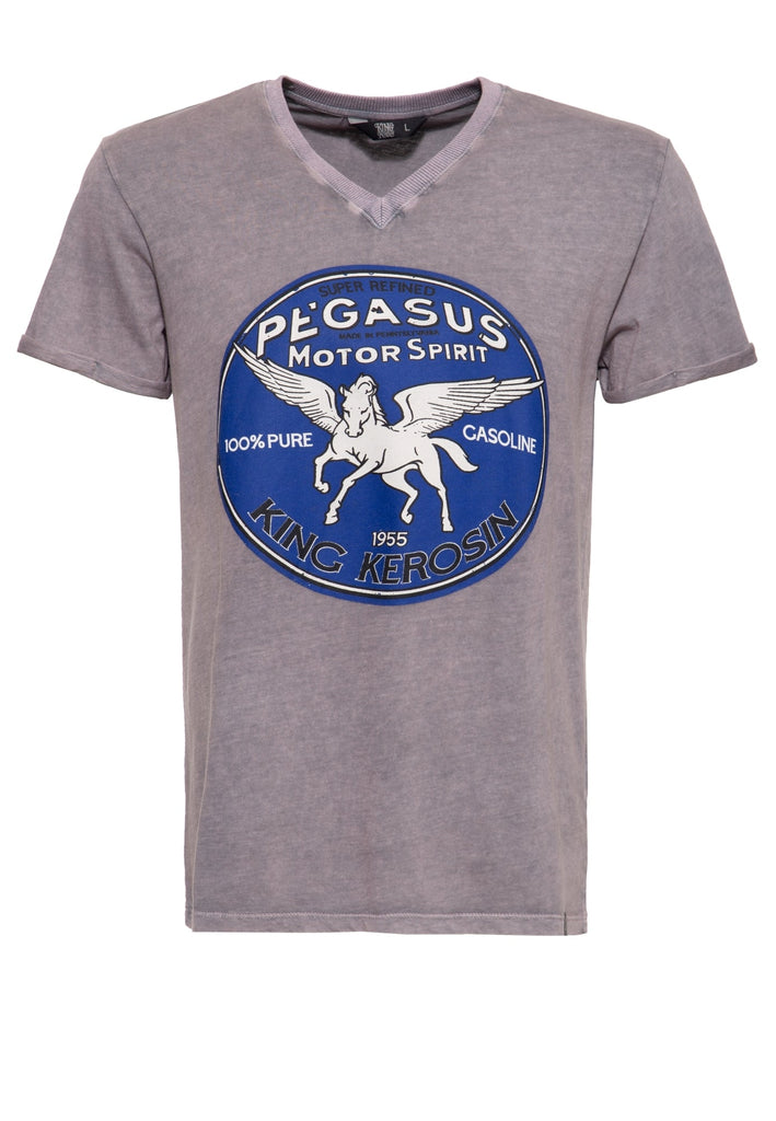 King Kerosin - Roll - Up T-Shirt Acid Wash mit Print und V - Ausschnitt «Pegasus»