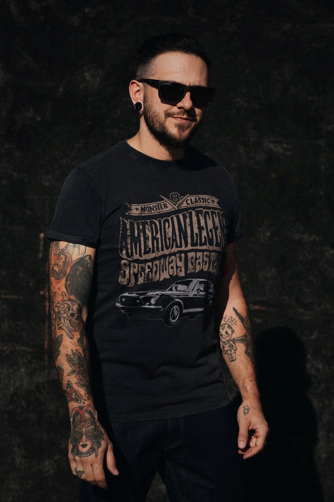 King Kerosin - Roll - Up T-Shirt Acid Wash mit Print vorne «American Legend»