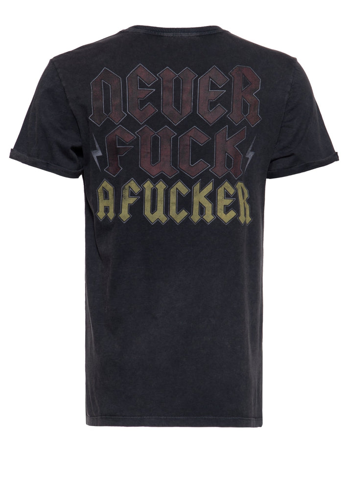 King Kerosin - Roll - Up T-Shirt Acid Wash mit rockigem Backprint «Never fuck a fucker»