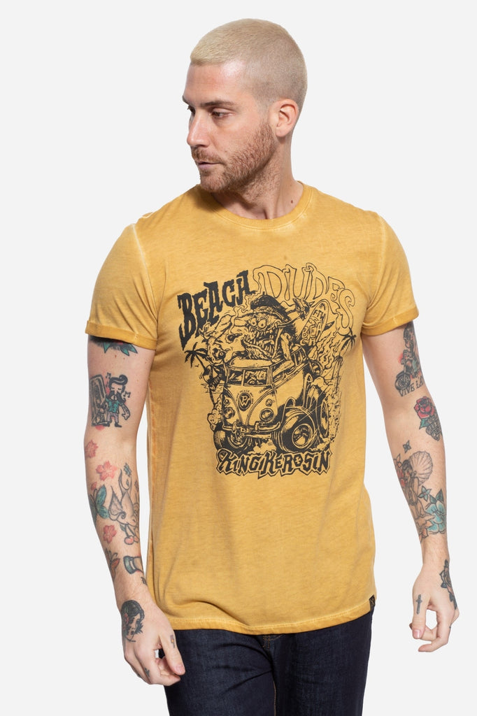 King Kerosin - Roll - Up T-Shirt Oil Wash mit sommerlichem Monster - Print «Beach dudes»