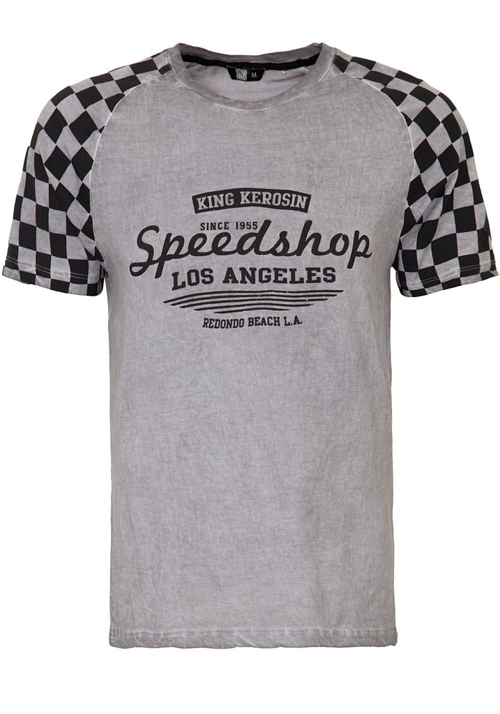 King Kerosin - T-Shirt in Oil - Washed Optik und Frontprint «Speedshop»