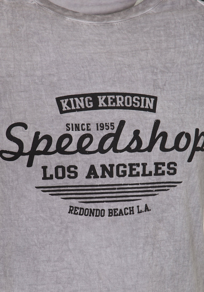 King Kerosin - T-Shirt in Oil - Washed Optik und Frontprint «Speedshop»