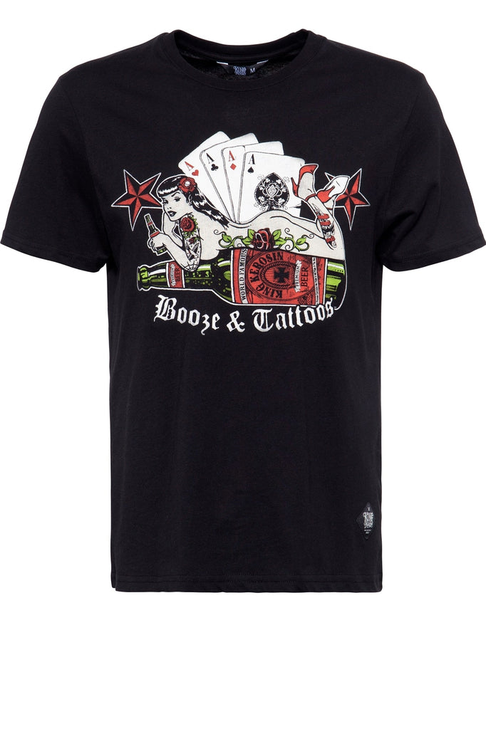 King Kerosin - T-Shirt mit coolem Pin Up Frontprint «Booze & Tattoos»