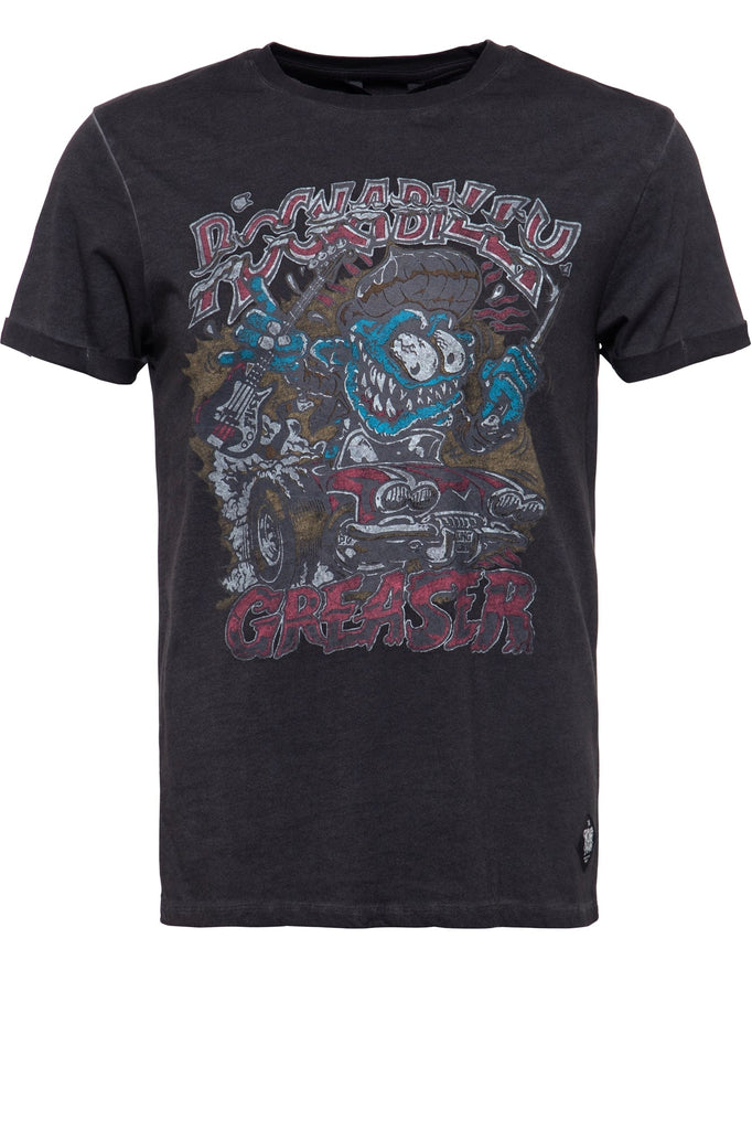 King Kerosin - T-Shirt mit Oilwash - Effekt und Frontprint und Ärmelaufschlag «Rockabilly Greaser»