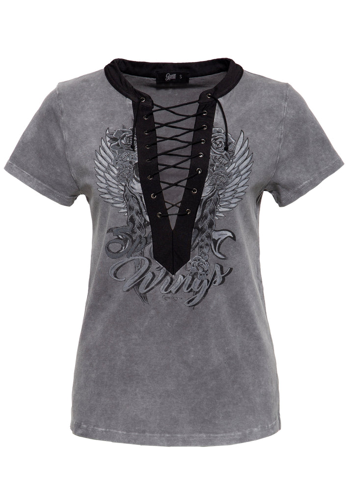 Queen Kerosin - Acidwash Laced T-Shirt «Spread Your Wings»