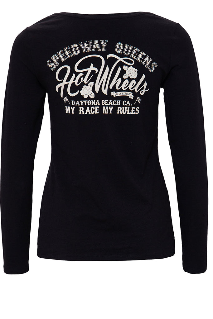 Queen Kerosin - Basic Longsleeve Shirt mit Print im Rücken und Front Stickerei «Hot Wheels»