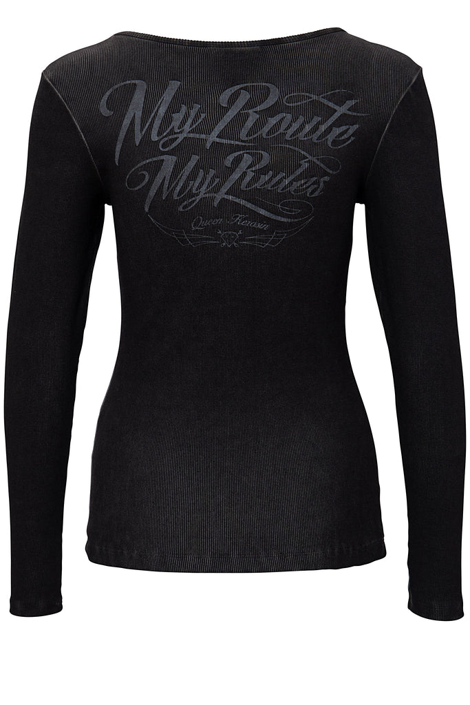 Queen Kerosin - Basic Longsleeve Shirt mit Print im Rücken und Front Stickerei «My Route My Rules»