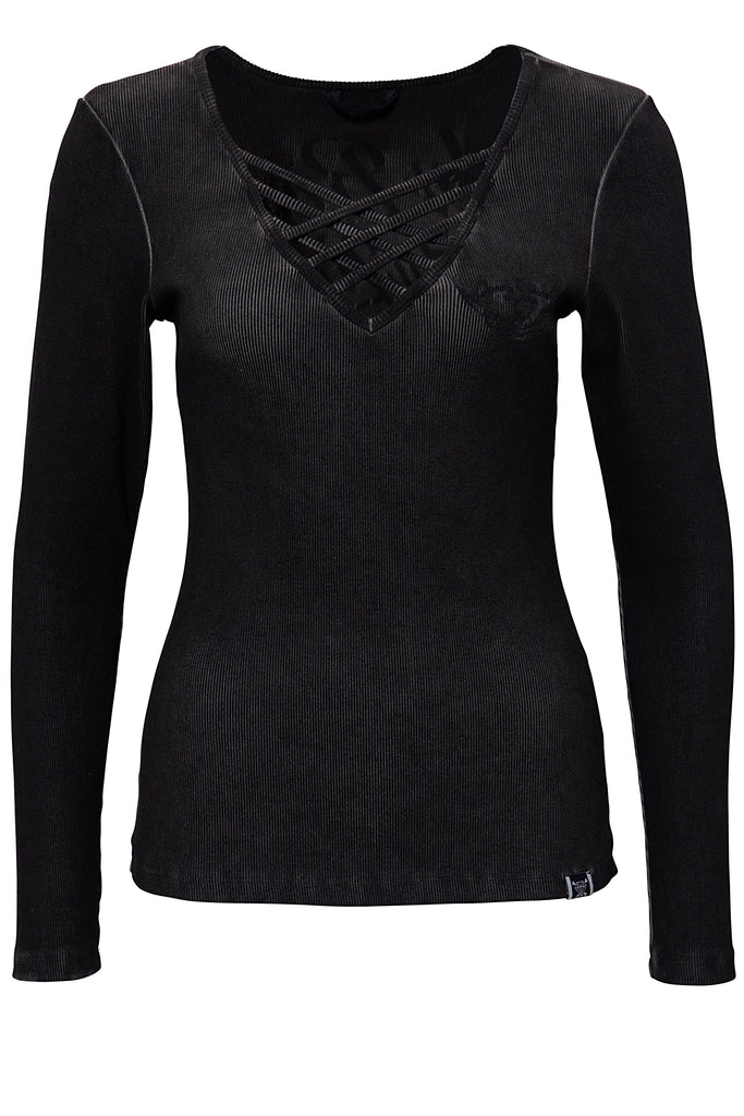 Queen Kerosin - Basic Longsleeve Shirt mit Print im Rücken und Front Stickerei «My Route My Rules»