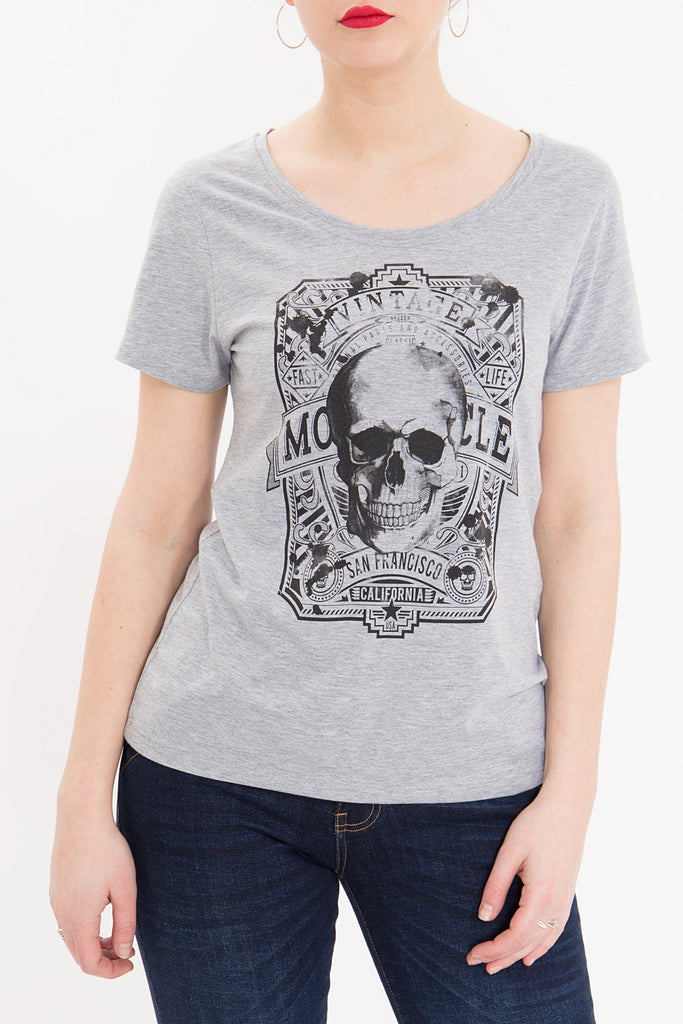 Queen Kerosin - Basic Shirt mit Front Print und Rundhalsausschnitt «Vintage Skull»