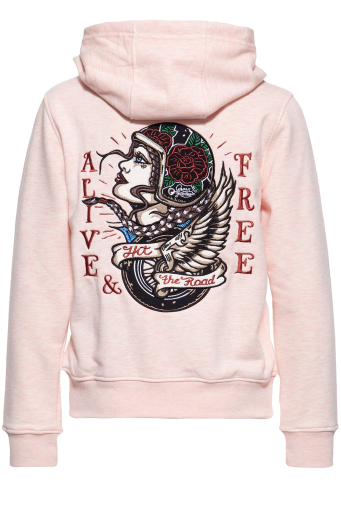 Queen Kerosin - Bequeme Sweatjacke mit Applikation und Kapuze «Alive Free»