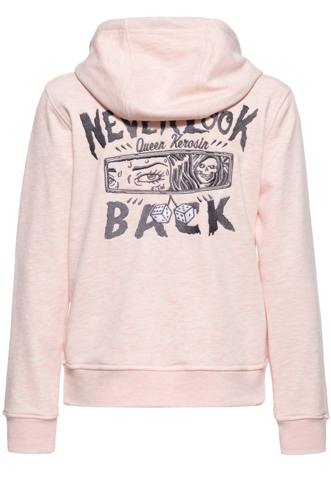 Queen Kerosin - Bequemer Hoodie mit Applikation und Kapuze «Never Look Back»