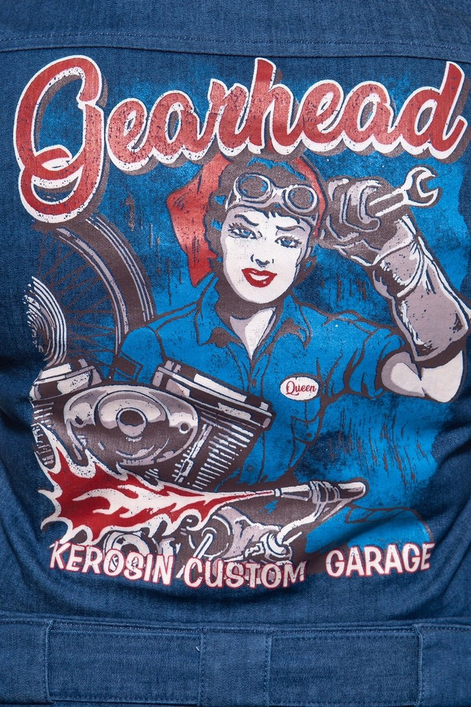 Queen Kerosin - Denim Jumpsuit mit Vintage Backprint «Gearhead»