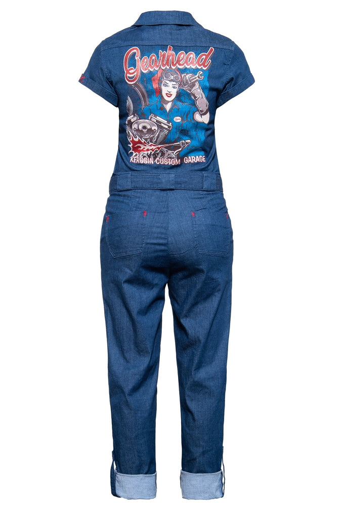 Queen Kerosin - Denim Jumpsuit mit Vintage Backprint «Gearhead»