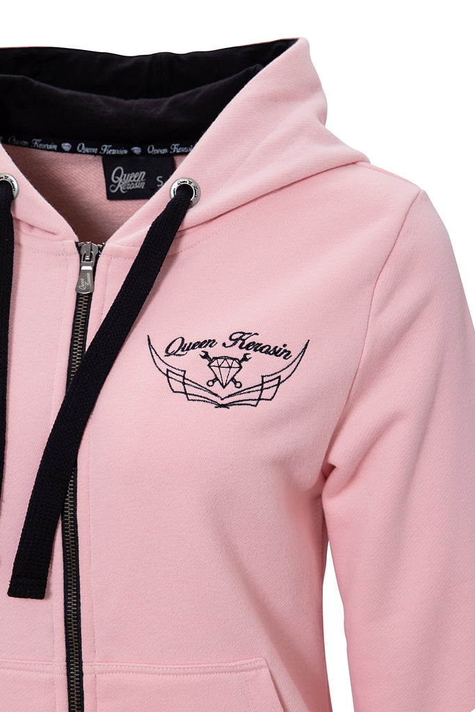 Queen Kerosin - Hoodie Kapuzensweatjacke mit Stickereien und Kängurutasche «My Route My Rules»