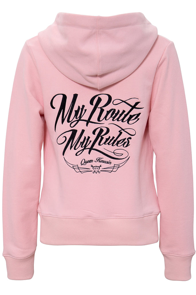 Queen Kerosin - Hoodie Kapuzensweatjacke mit Stickereien und Kängurutasche «My Route My Rules»