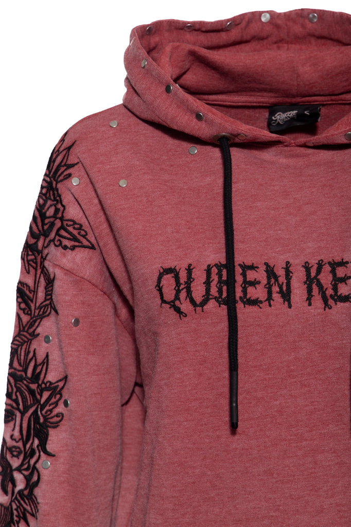 Queen Kerosin - Hoodie mit hochwertigen Stickereien und Nieten «Rose Face»