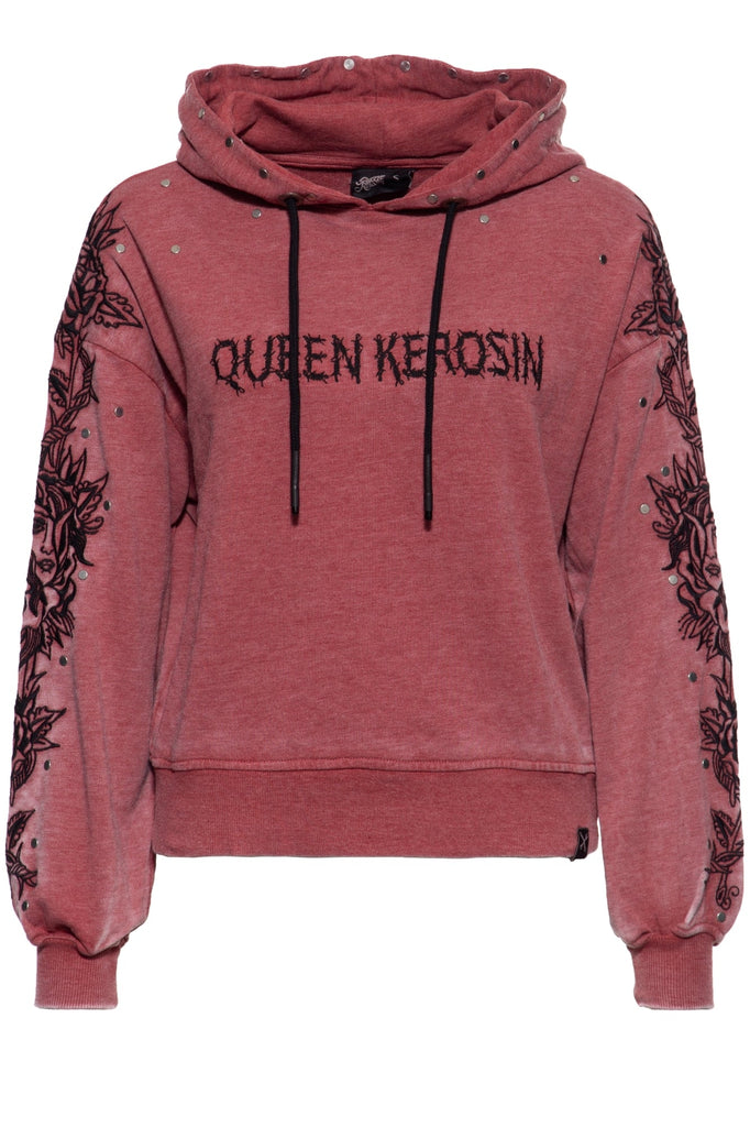 Queen Kerosin - Hoodie mit hochwertigen Stickereien und Nieten «Rose Face»