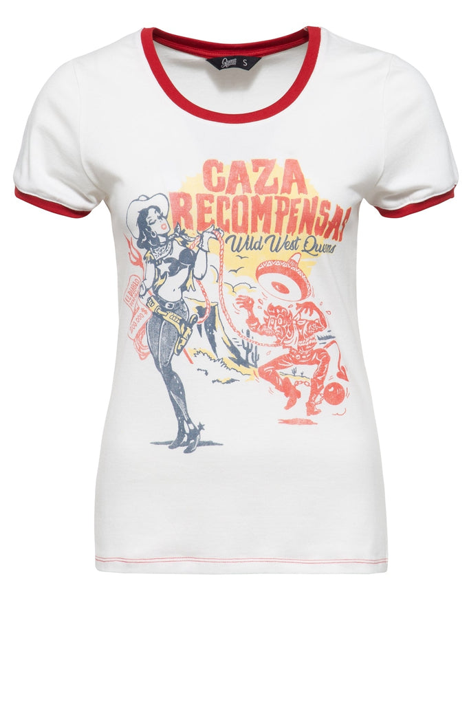 Queen Kerosin - Kontrast Shirt mit Cartoon Print im Vintage Style «Caza»