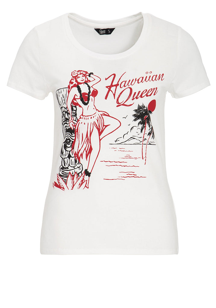 Queen Kerosin - Kurzarm Shirt mit femininem Front - Print «Hawaiian Queen»