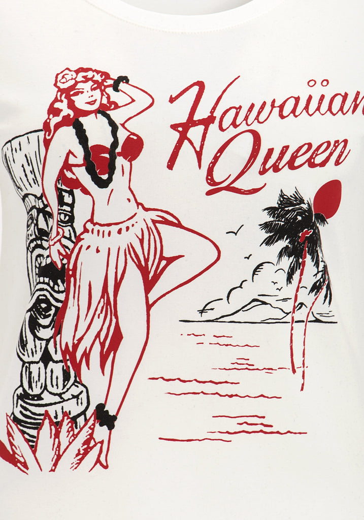 Queen Kerosin - Kurzarm Shirt mit femininem Front - Print «Hawaiian Queen»