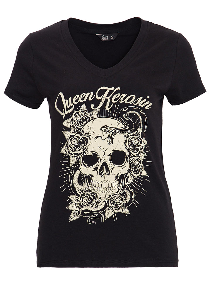 Queen Kerosin - Kurzarmshirt mit Front Druck und V - Ausschnitt «Skull»