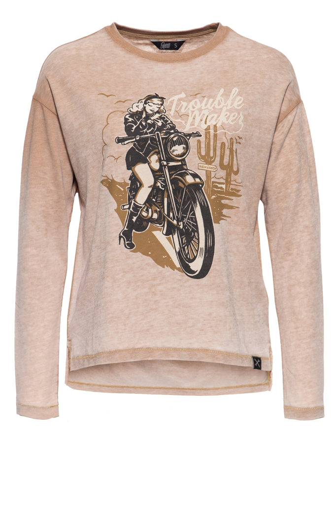 Queen Kerosin - Longsleeve mit Enzymwash - Effekt und Frontprint «Trouble Maker»