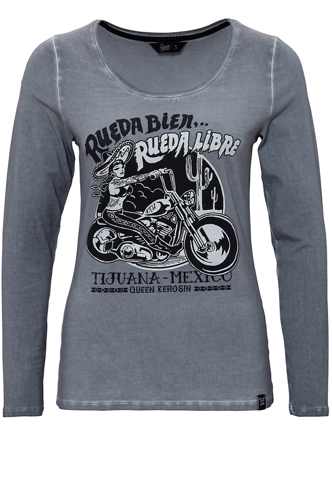 Queen Kerosin - Longsleeve Shirt mit Frontprint und Oilwash - Effekten «Rueda libre»