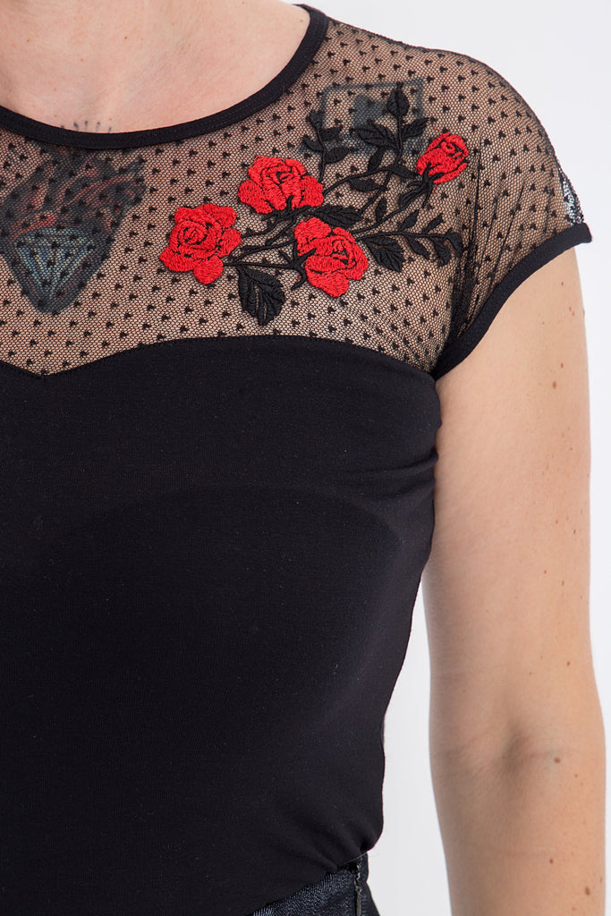 Queen Kerosin - Netz Shirt mit toller Rosenstickerei «Roses»