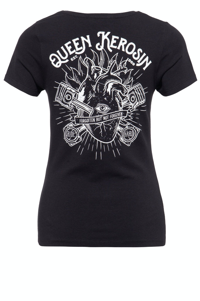 Queen Kerosin - Printshirt mit coolem Backprint «Forgotten but not forgiven»