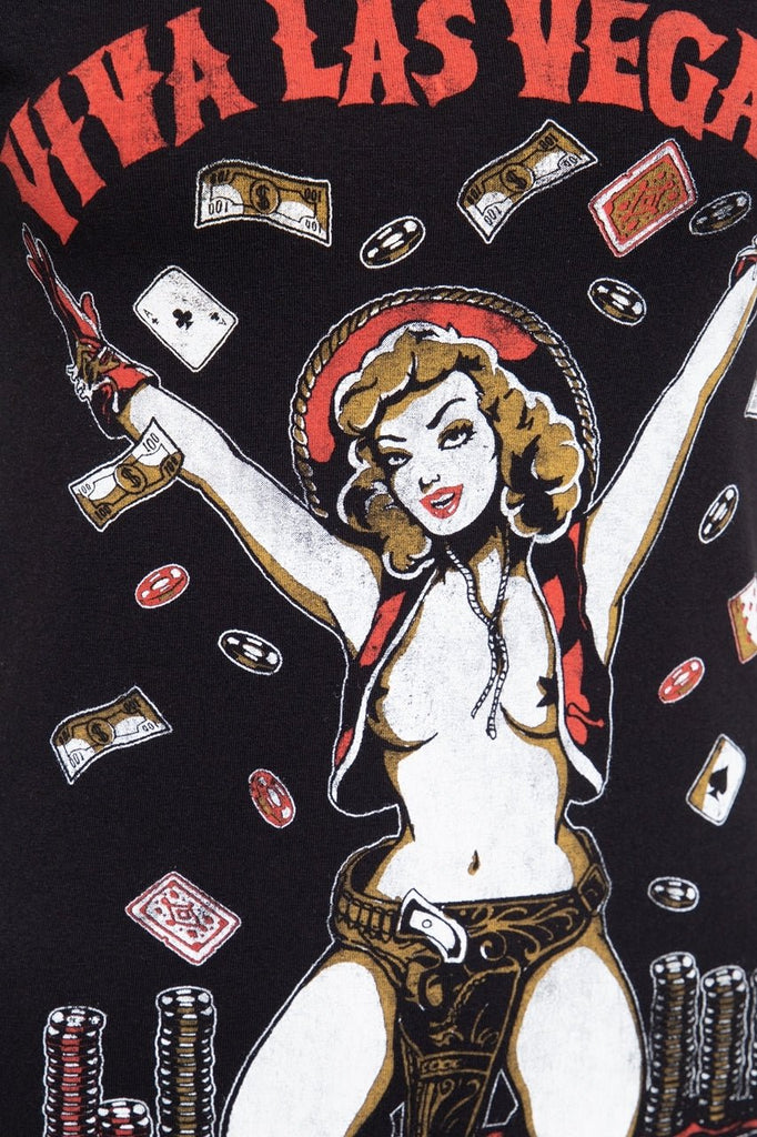 Queen Kerosin - Printshirt mit V - Ausschnitt und Pin Up Print «Viva Las Vegas»