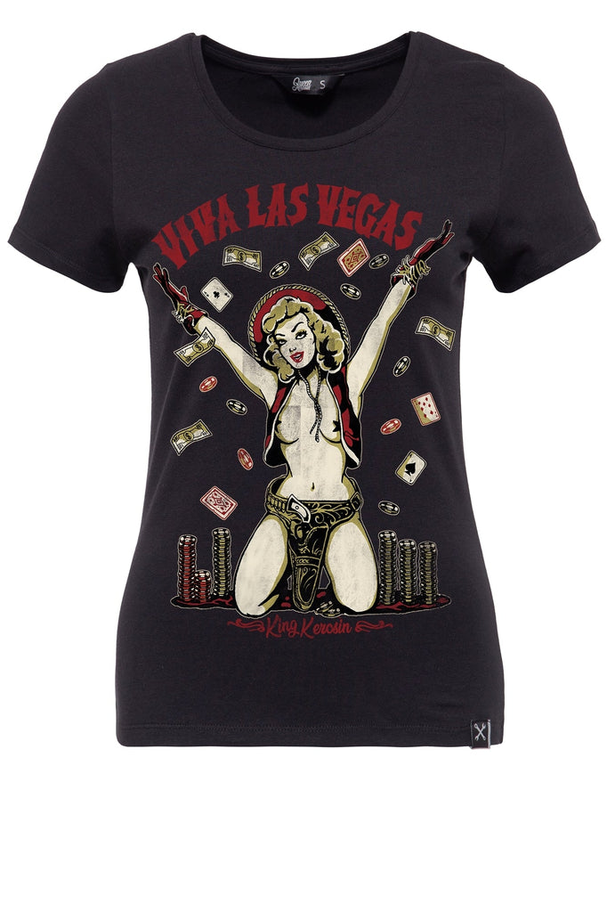 Queen Kerosin - Printshirt mit V - Ausschnitt und Pin Up Print «Viva Las Vegas»