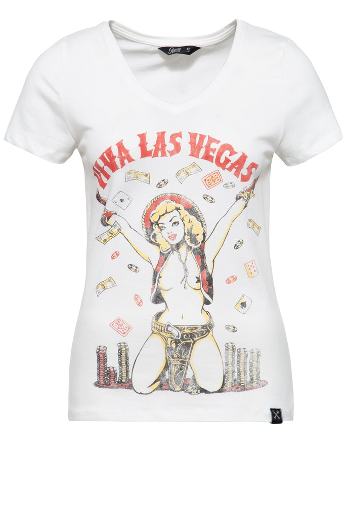 Queen Kerosin - Printshirt mit V - Ausschnitt und Pin Up Print «Viva Las Vegas»