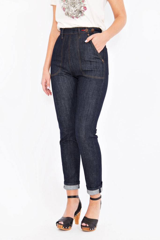 Queen Kerosin - Selvedge High Waist Jeans mit Stretch «Red Selvedge»