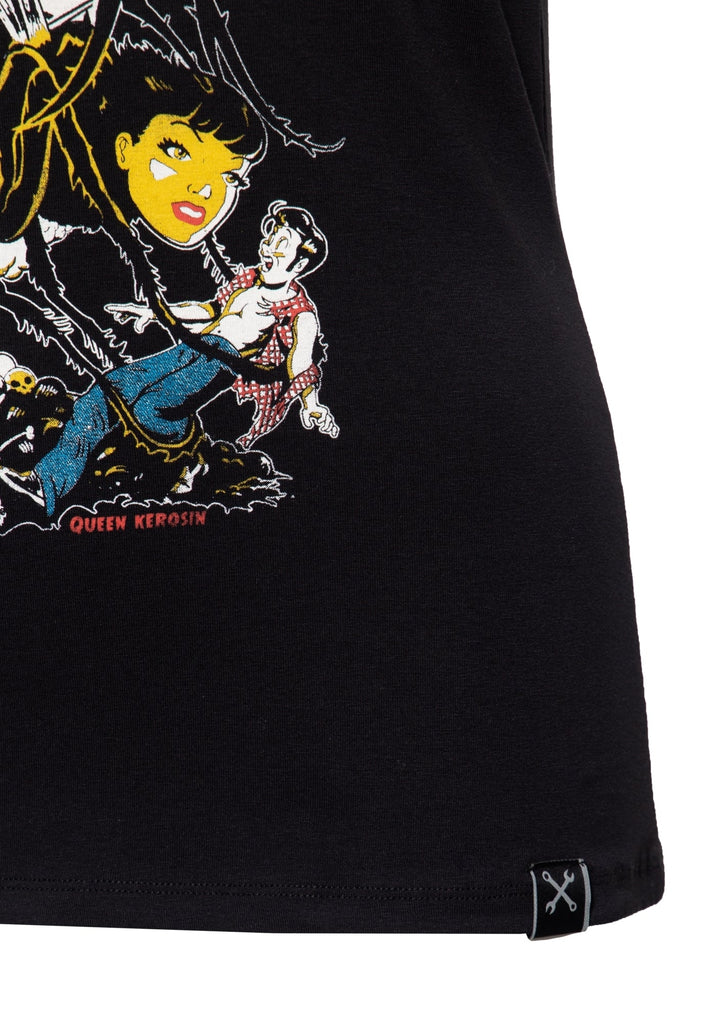 Queen Kerosin - Slim Fit T-Shirt mit V - Ausschnitt und Print «Wasp Queen»