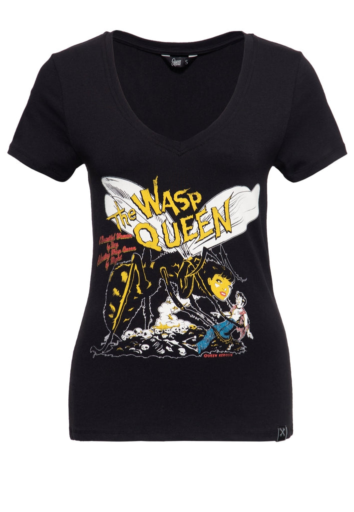 Queen Kerosin - Slim Fit T-Shirt mit V - Ausschnitt und Print «Wasp Queen»