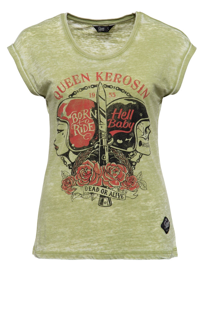 Queen Kerosin - T-Shirt Enzyme Wash und Print in der Front «Hell Baby»