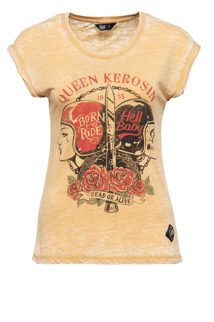 Queen Kerosin - T-Shirt Enzyme Wash und Print in der Front «Hell Baby»