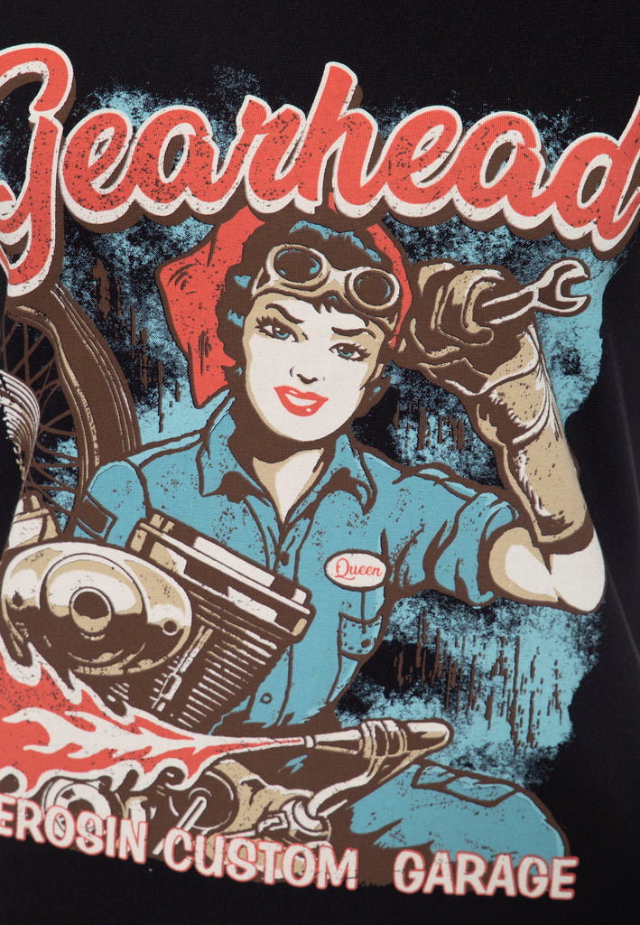 Queen Kerosin - T-Shirt mit Frontprint und Rundhalsausschnitt «Gearhead»