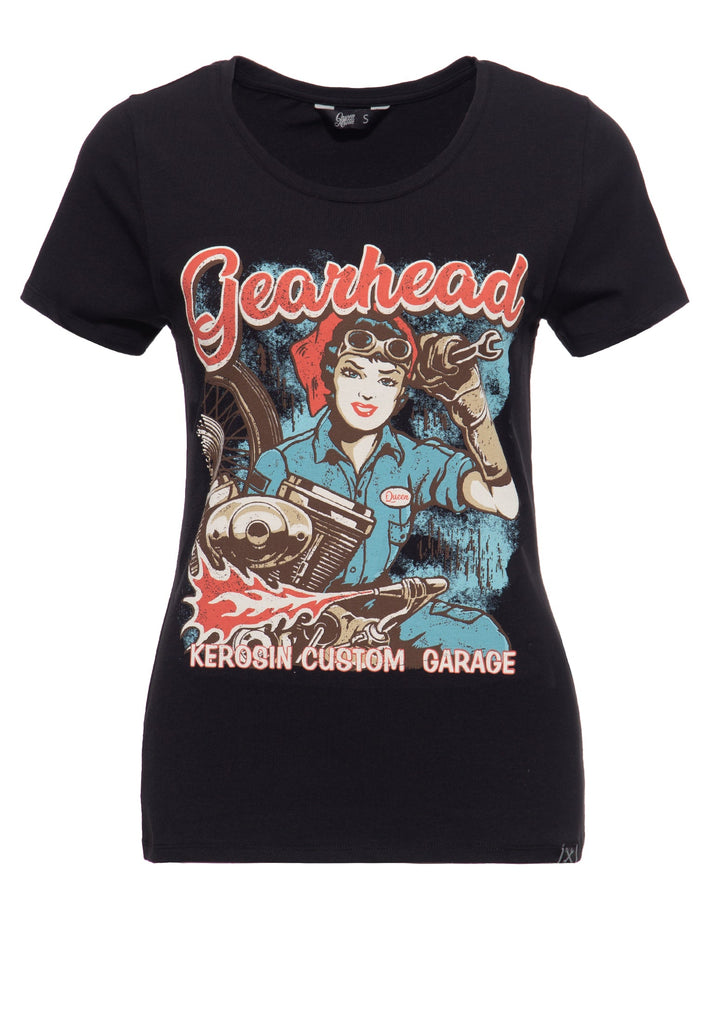 Queen Kerosin - T-Shirt mit Frontprint und Rundhalsausschnitt «Gearhead»