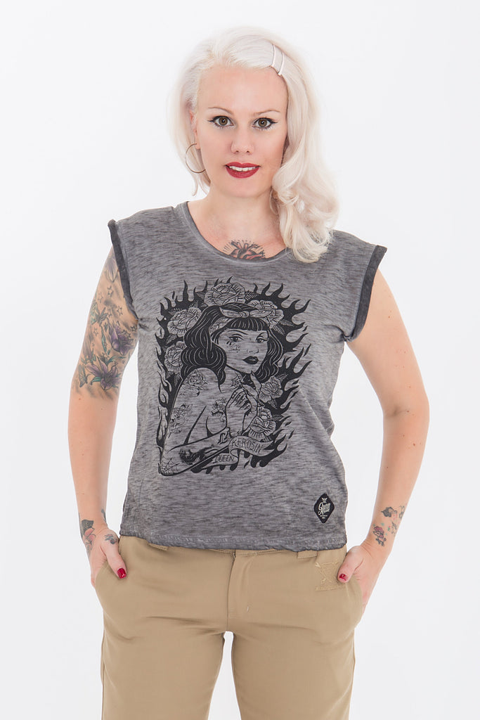 Queen Kerosin - T-Shirt mit stylischen Rollärmeln «Tattoo Girl»