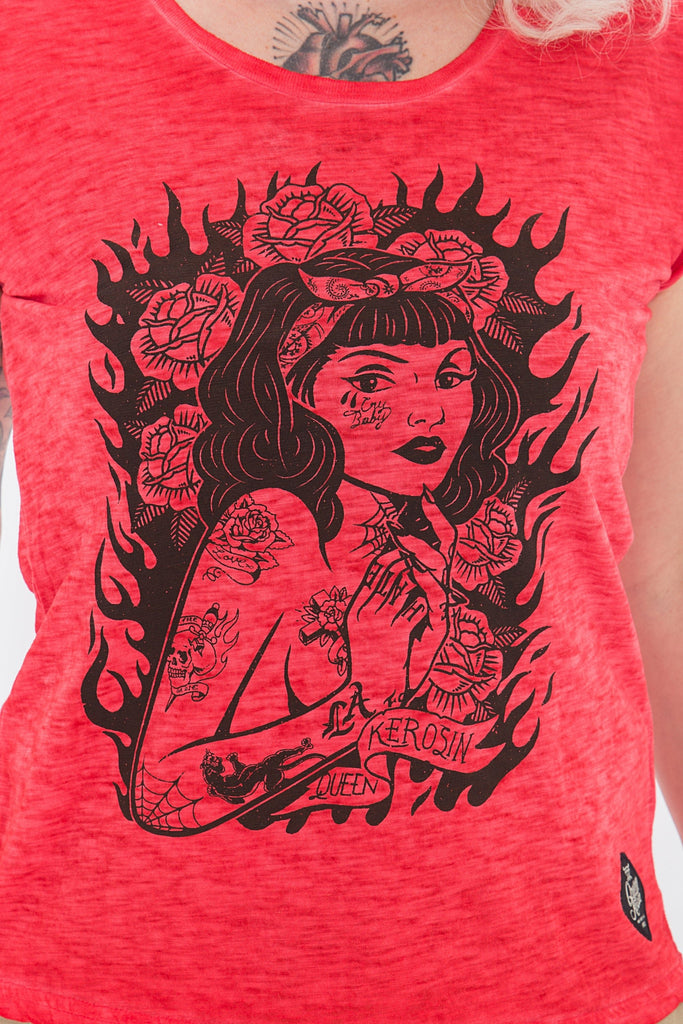 Queen Kerosin - T-Shirt mit stylischen Rollärmeln «Tattoo Girl»