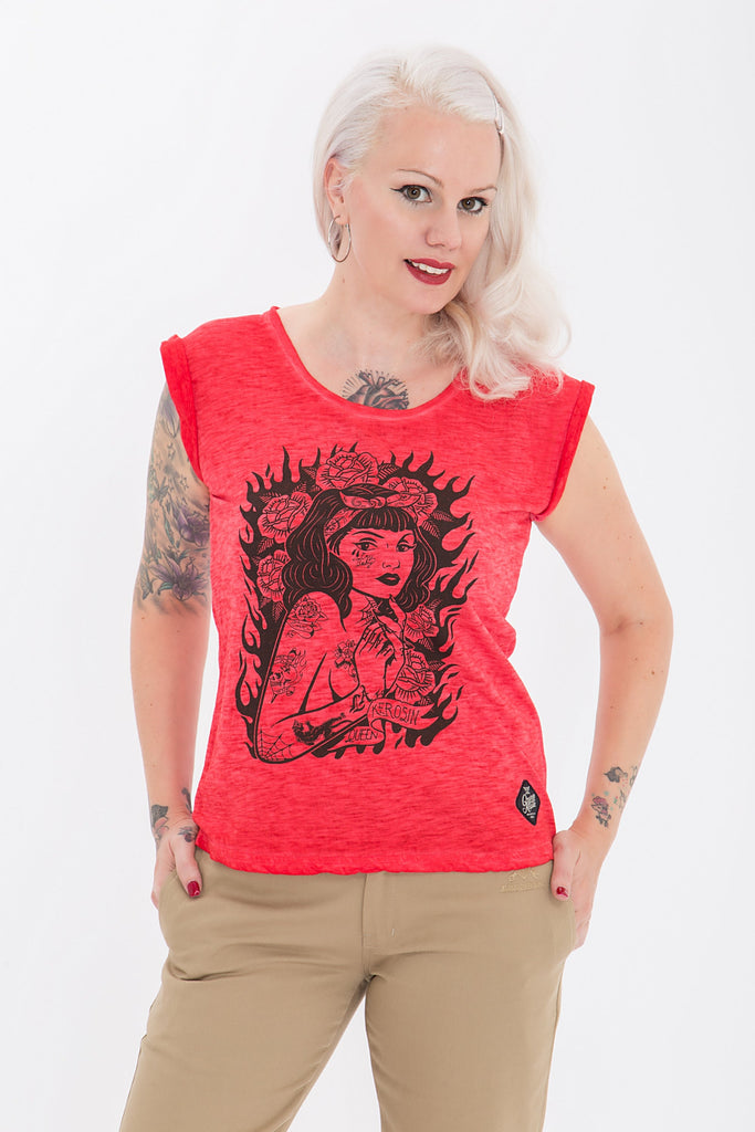 Queen Kerosin - T-Shirt mit stylischen Rollärmeln «Tattoo Girl»